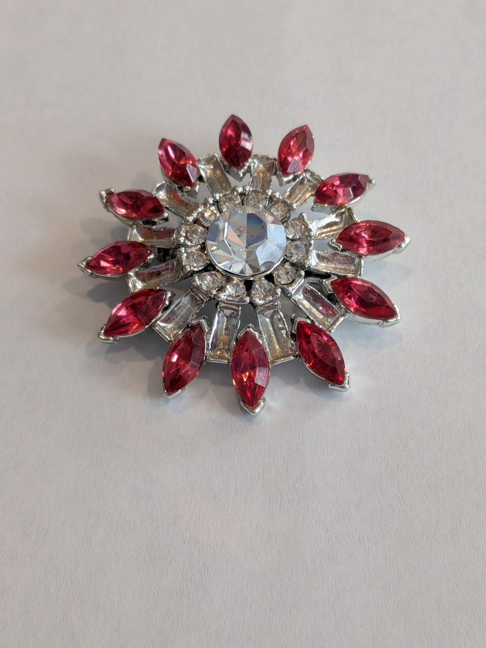 Silver-Tone Pink Crystal Flower Brooch - Elegant Statement Pin